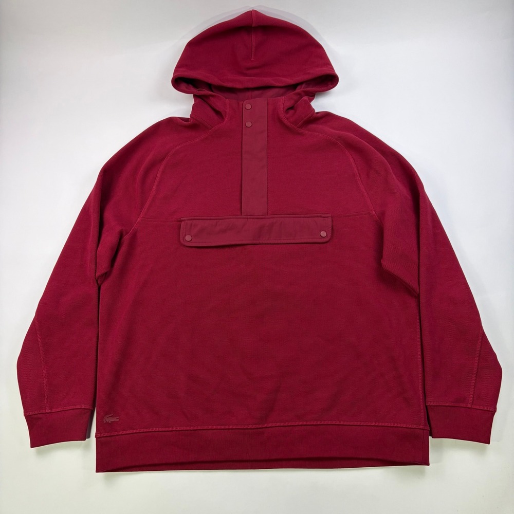 Lacoste Anorak Hoodie Mens XXL Burgundy Red Textured Waffle Knit Pullover